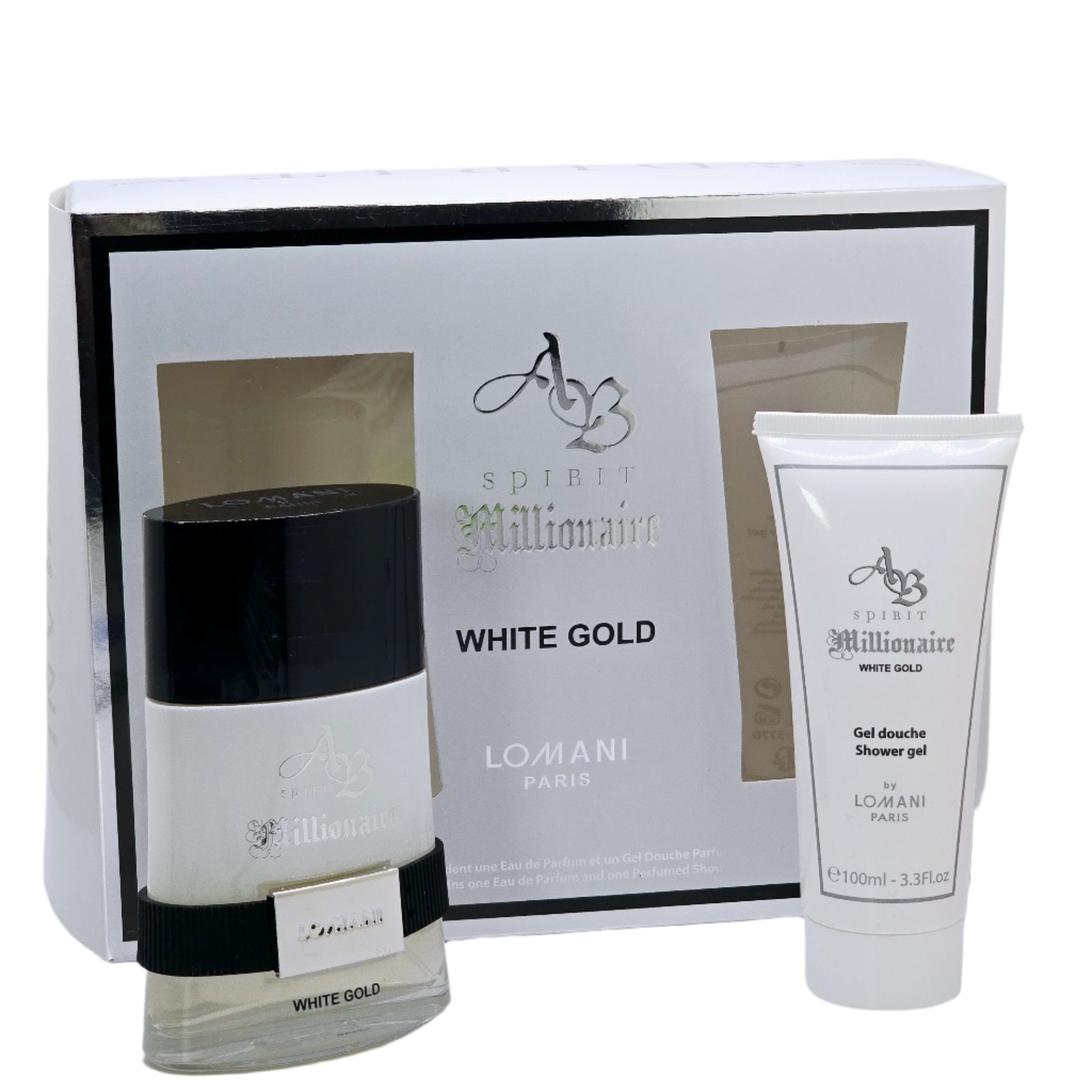 AB-Millionaire White Gold By Lomani For Men Set 2Pcs 3.3oz Eau de Parfum 3.3oz Shower Gel