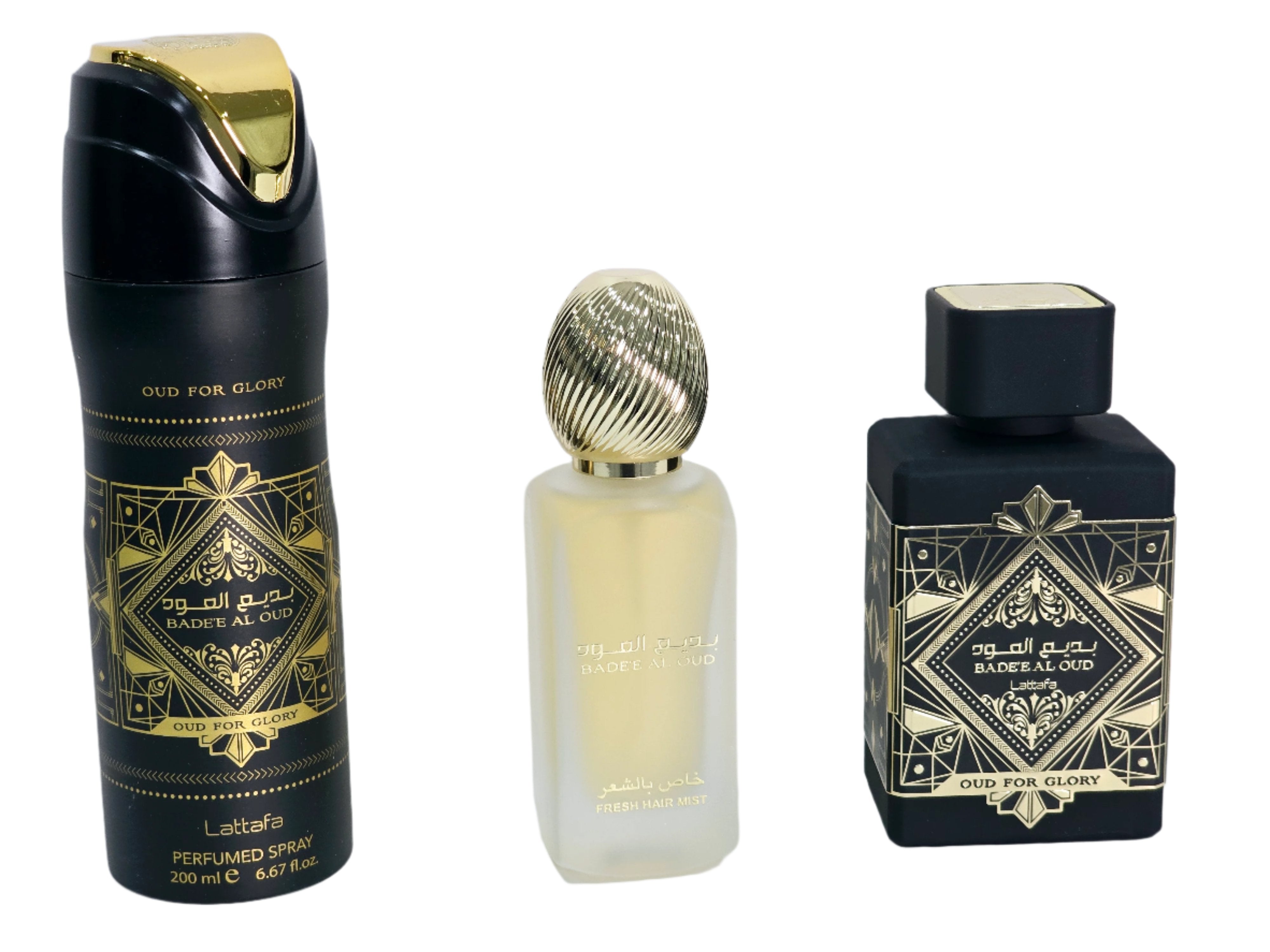 Bade’e Al Oud Unisex By Lattafa Gift Set 3.4oz EDP 50ml Hair Mist 200ml Body Spray