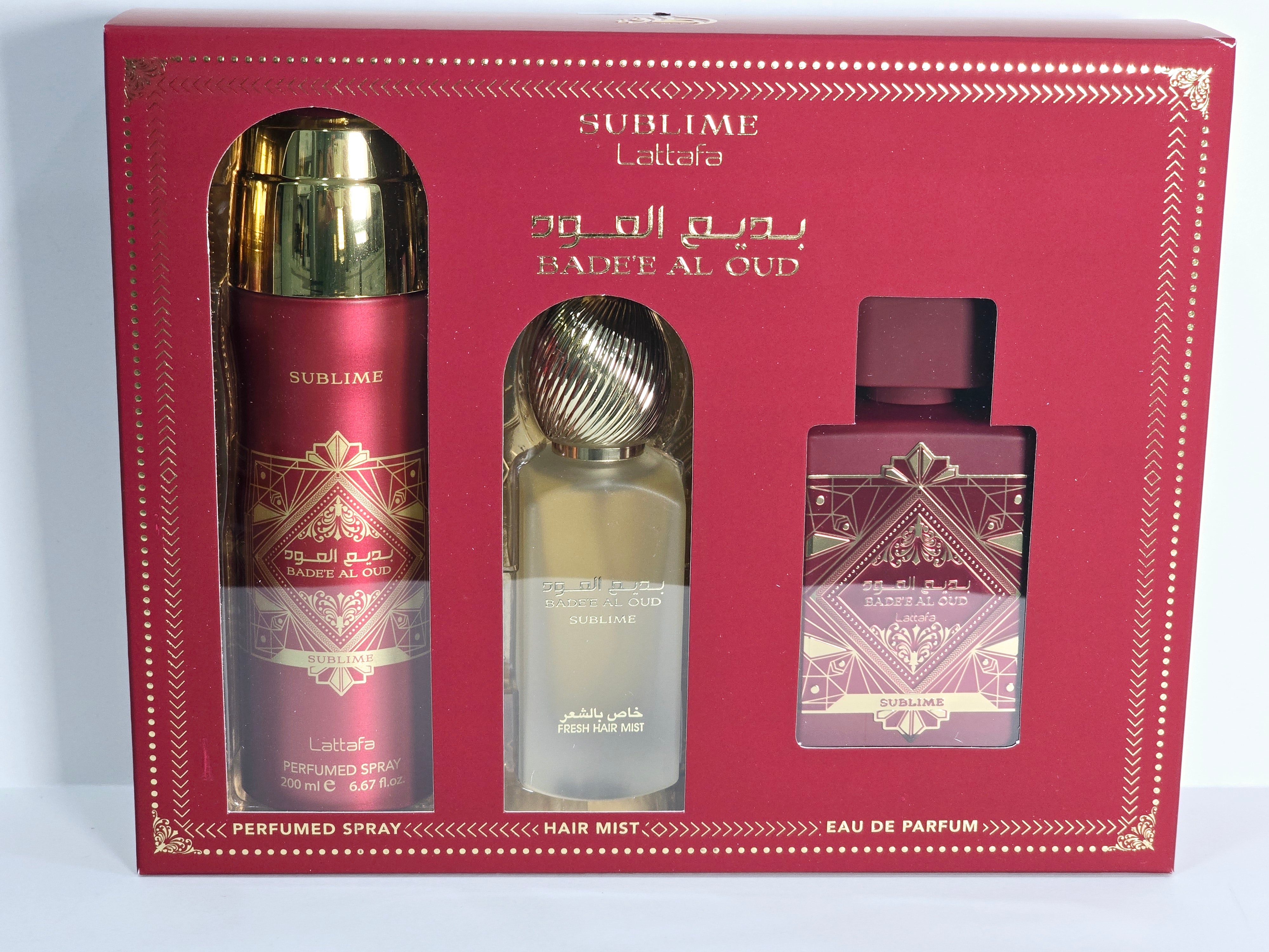 Badee Al Oud Sublime 3Pcs Gift Set by Lataffa for Unisex EDP 3.4oz Body Spray 6.67oz Hair Mist