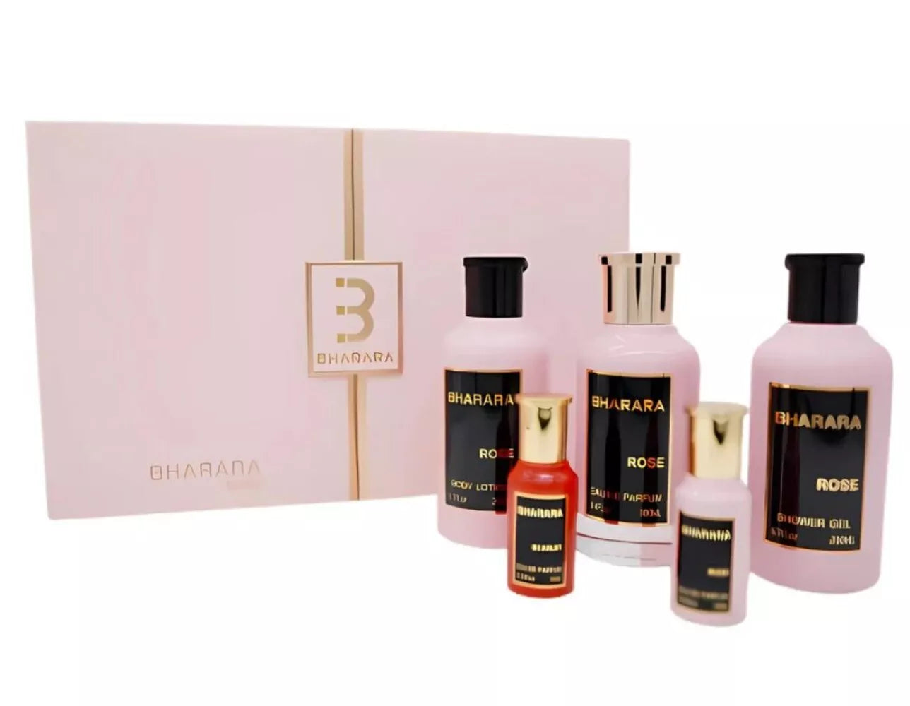Bharara Rose Gift Set W Perfume Spray 3.4oz  Body Lotion 6.7oz  shower gel 6.7oz Perfume Spray 0.3oz Bharara Scarlet 0.3oz