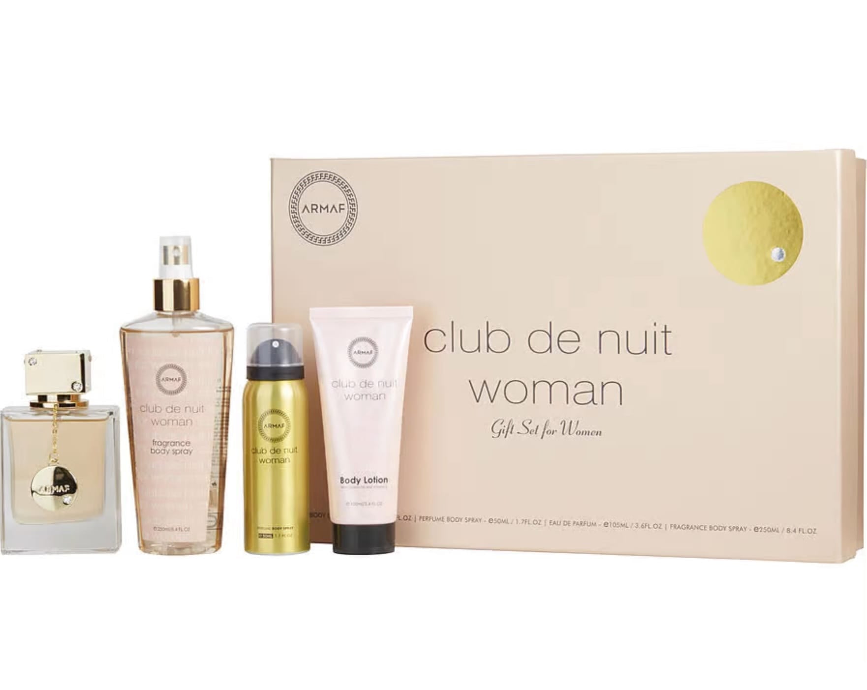 Club De Nuit By Armaf 4-Piece Set for Women 3.4 Oz Eau De Parfum 3.4 Oz Body Lotion 1.7oz Body Spray 8.4oz Body Mist