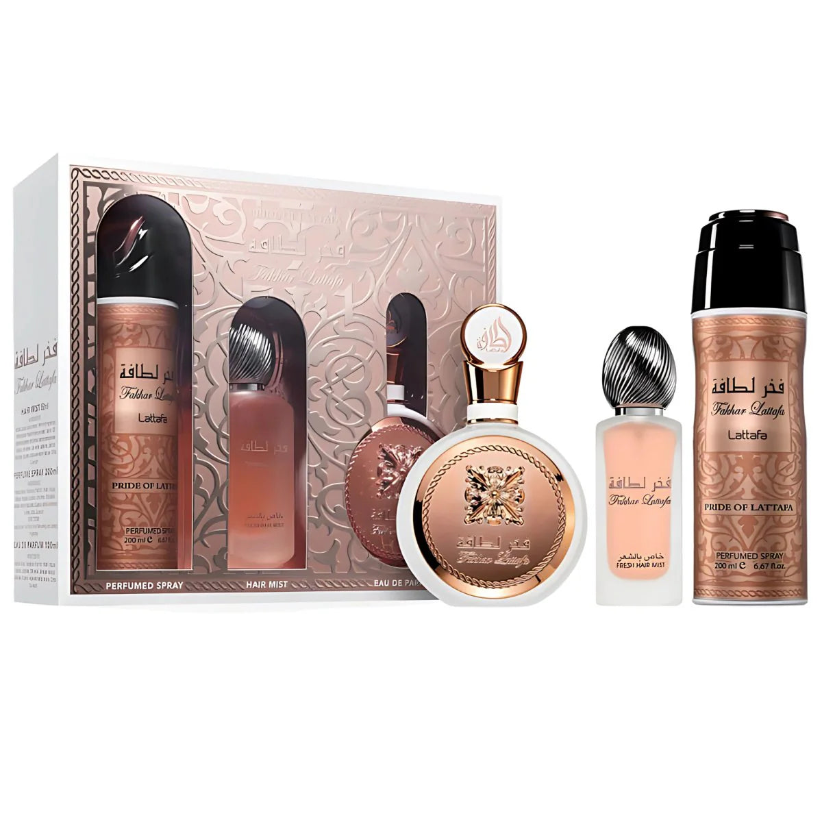 Fakhar Gold For Women By Lattafa 3Pcs Gift Set Fragrances 100ml Eau de Parfum 200ml Deodorant Body 50ml Hair Mist