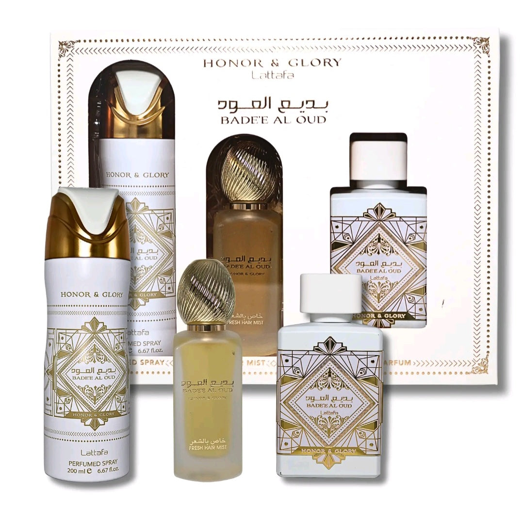 Gift Set Lattafa 3Pc Bade’E Al Oud Honor And Glory 3.4oz Edp 6.67oz Deo 1.7oz Hair Mist Unisex Sweet Fruity Vanilla Woody Cinnamon Amber