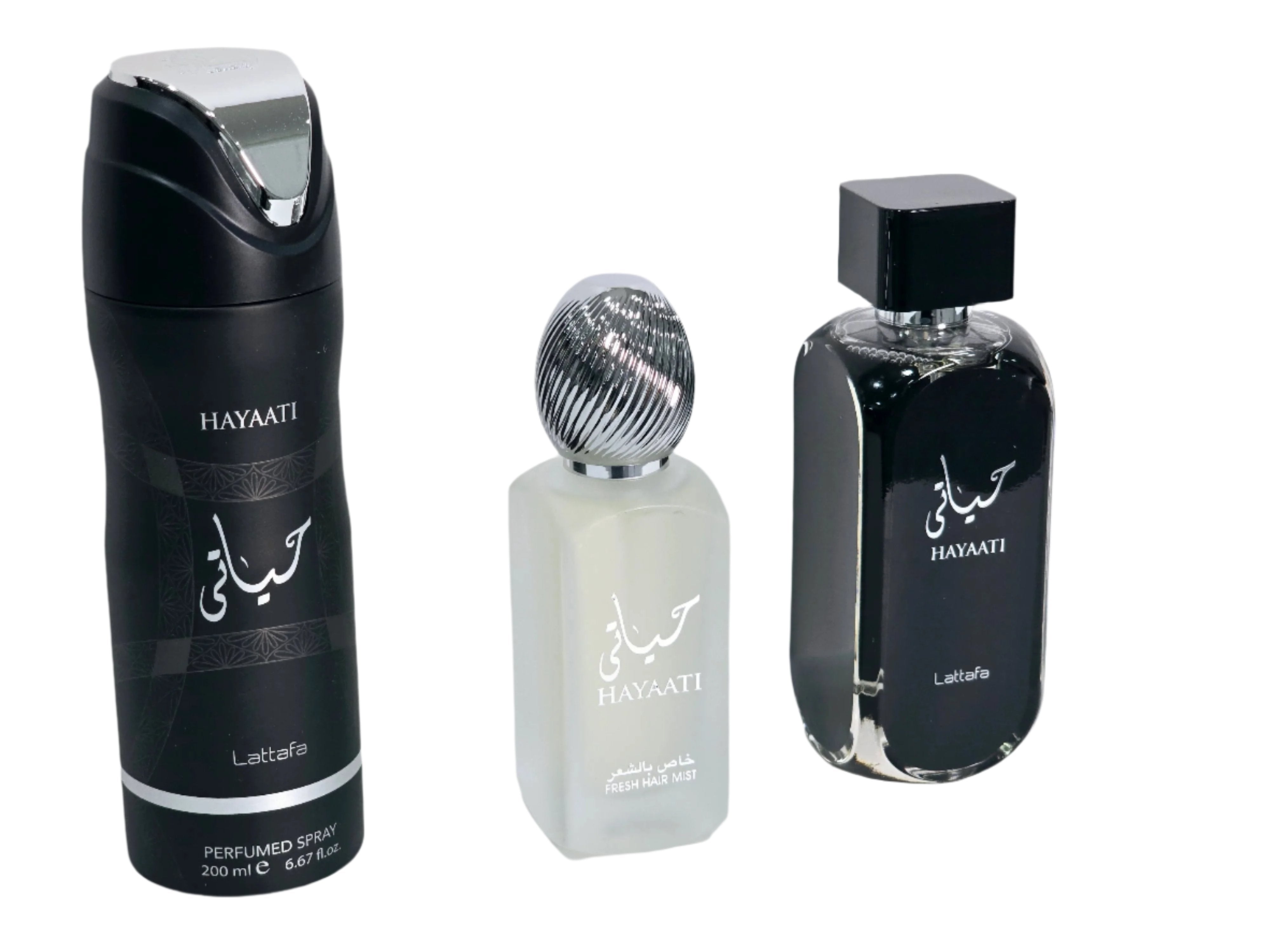 Hayaati Black Lattafa For Men 3 Pics Dift Set 3.4 oz Eau De Parfum Body Spray Corporal 6.7oz 1.7oz Hair Mist
