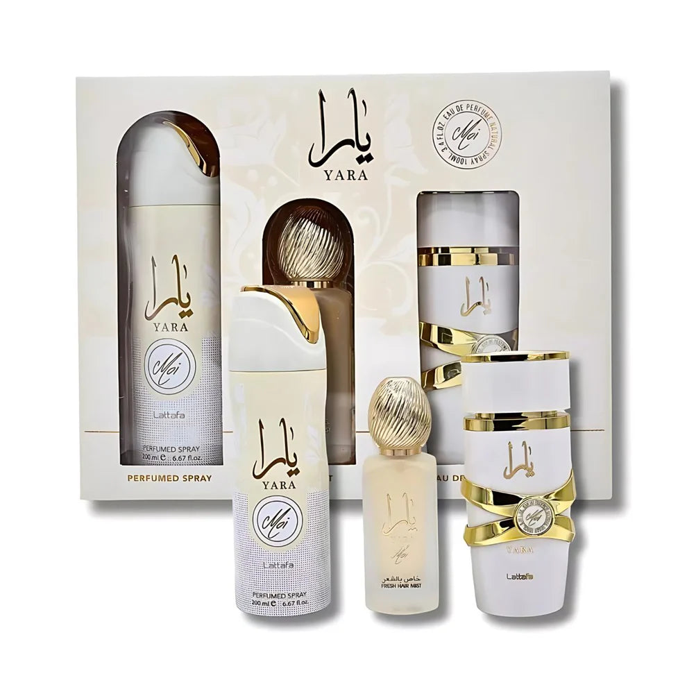 Yara Moi For Women Lattafa 3 Pcs Gift Set ( 3.4oz EDP Spray 6.7oz DEO Spray 1.7oz HAIR