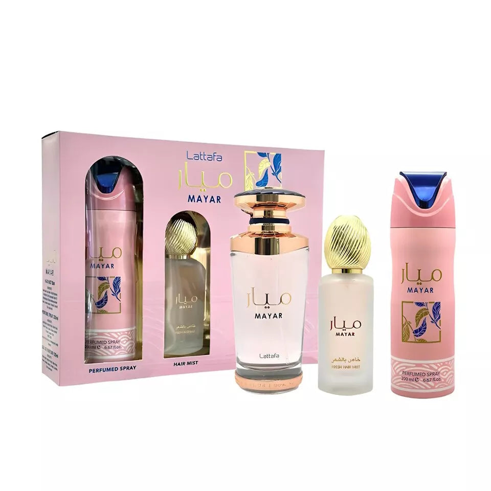 Mayar Lattafa 3 Piece Women’s Gift Set Eau de Parfum 3.4 oz/100 ml 1.7 oz/50 ml Hair Mist 6.7 oz / 200 ml Perfumed Spray