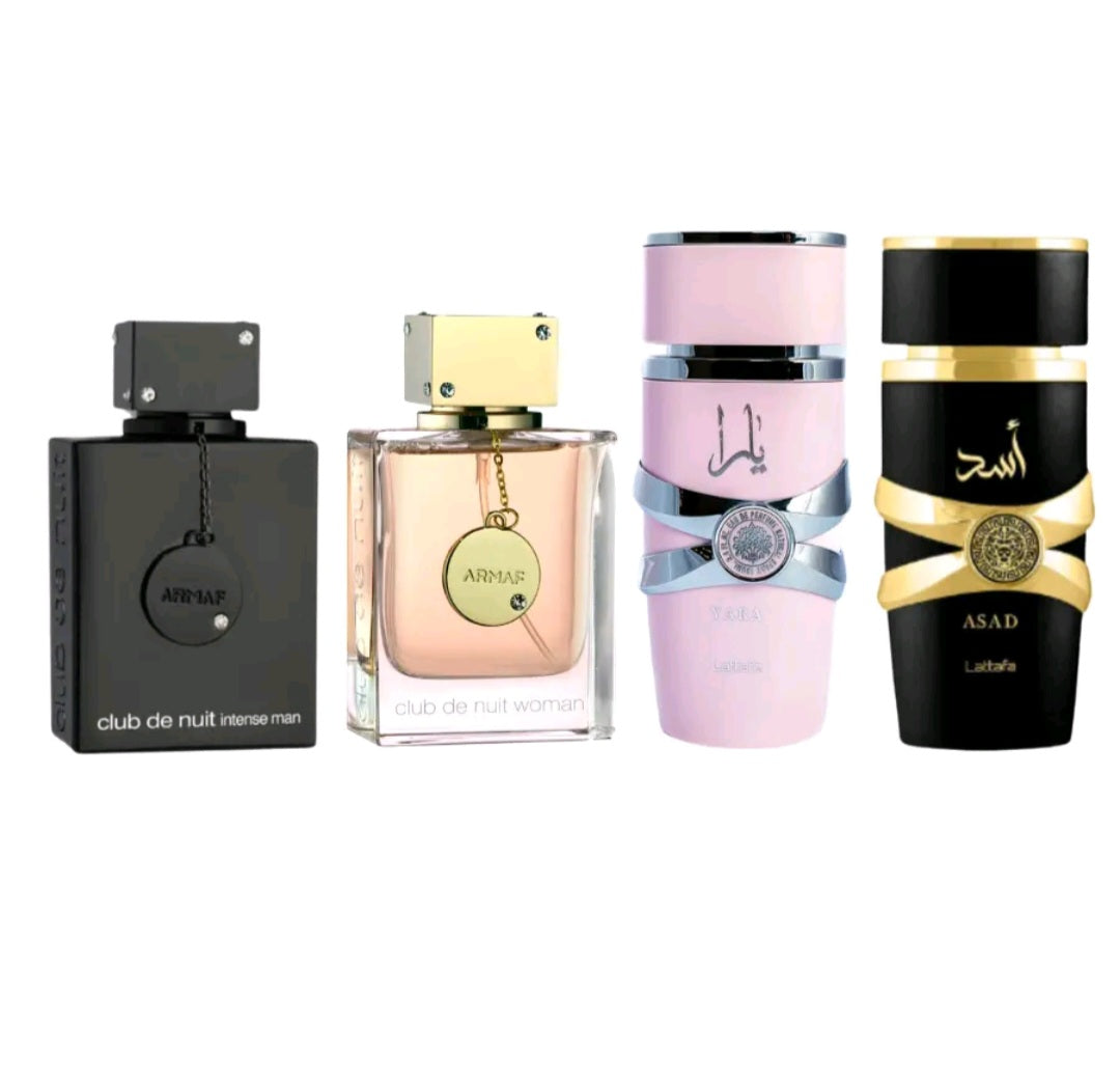 Mega Combo Club De Nuit Intense EDT La Bestia Negra Club 3.6oz De Nuit Women 3.6oz EDP By Armaf Yara Pink Lattafa Asad Lattafa 3.4oz each