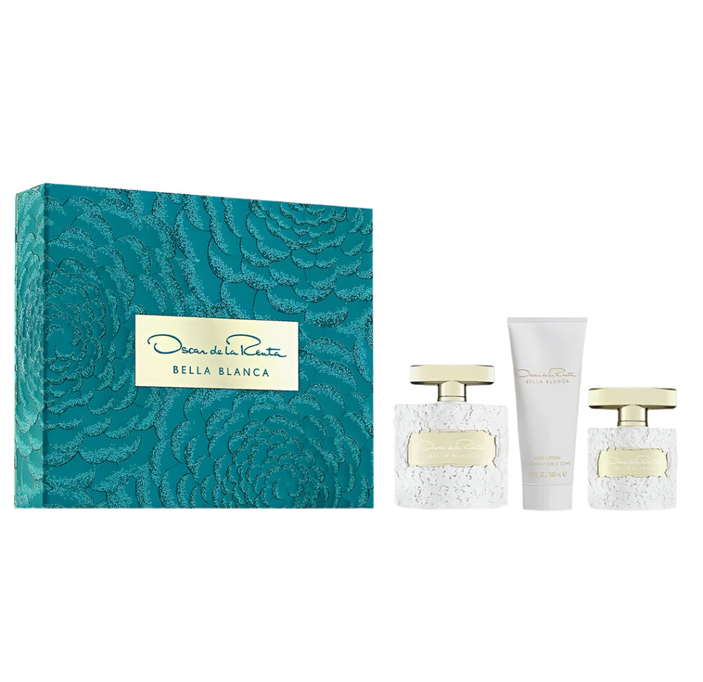 Oscar De La Renta Bella Blanca Eau de Parfum 3 Piece Gift Set for Women Perfume Spray 3.4 Fl. Oz. & 1.0 Fl. Oz. and Body Lotion 3.4 Fl. Oz