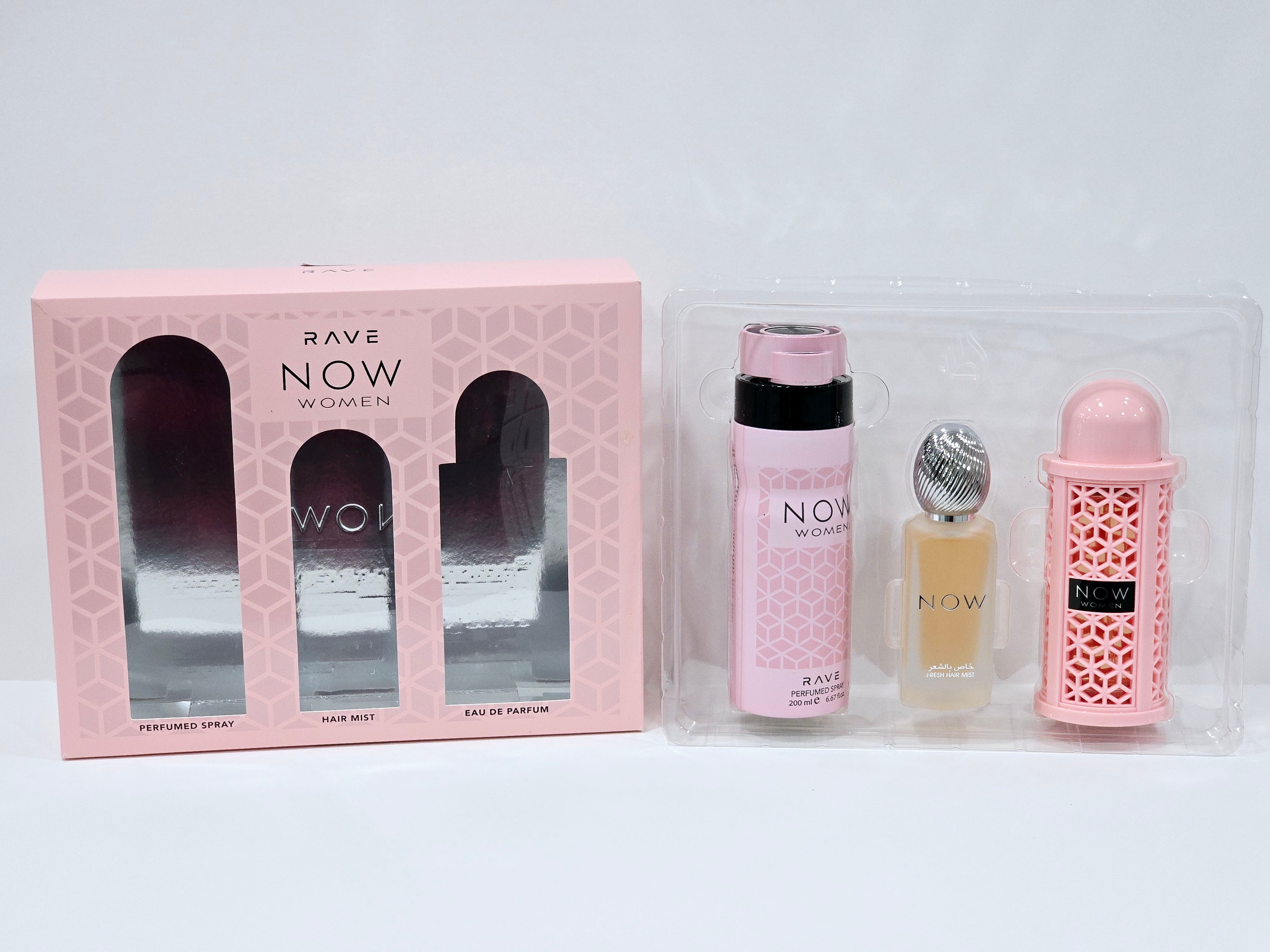 Rave Now Pink By Lattafa 3pc Set 3.4oz EDP Spray 1.7oz Hair Mist 6.7oz Body Spray
