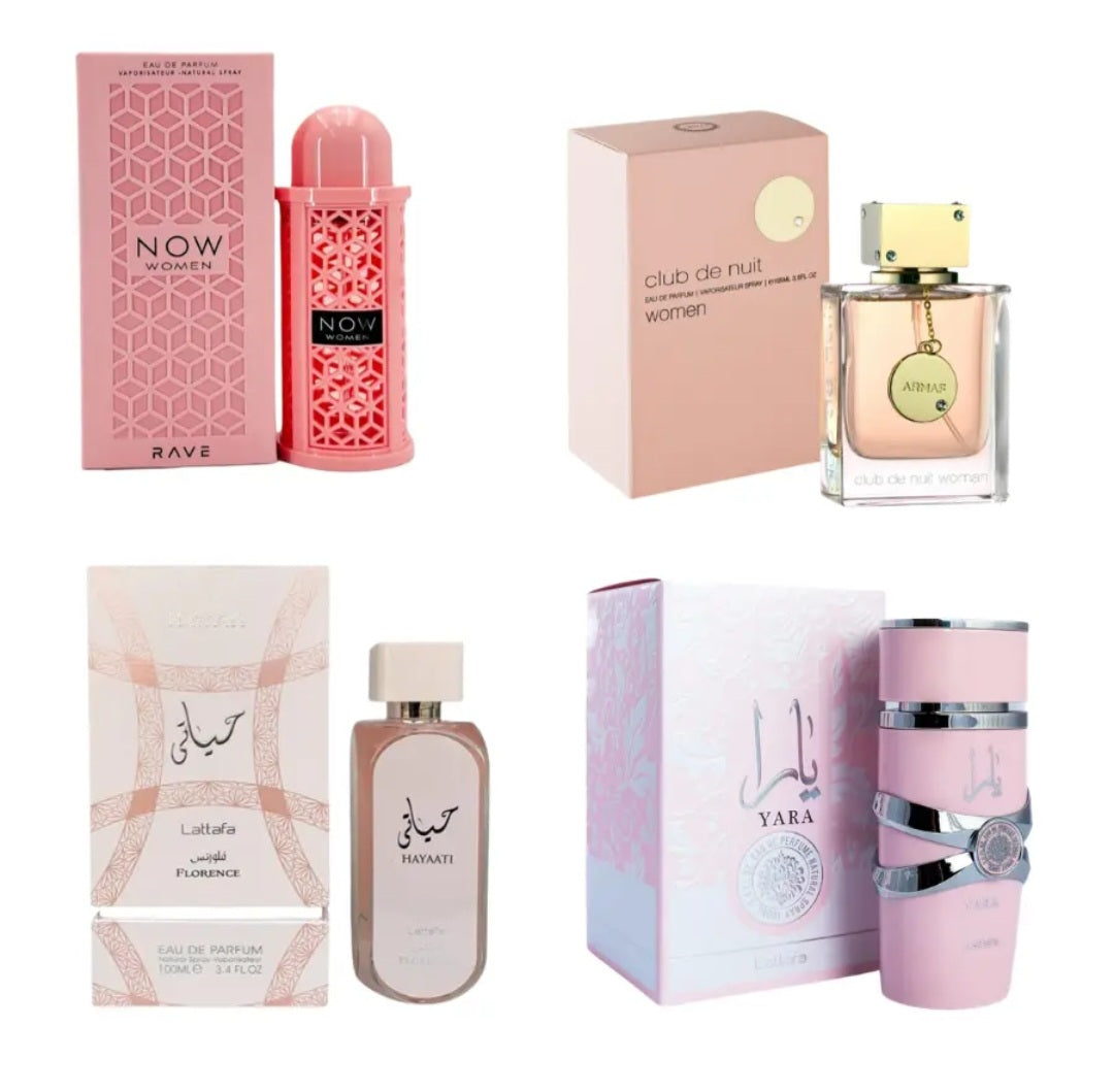 Set Club De Nuit Women By Armaf Now Rave Hayaati Florence Yara Pink By Lattafa 3.4oz/100ml Each