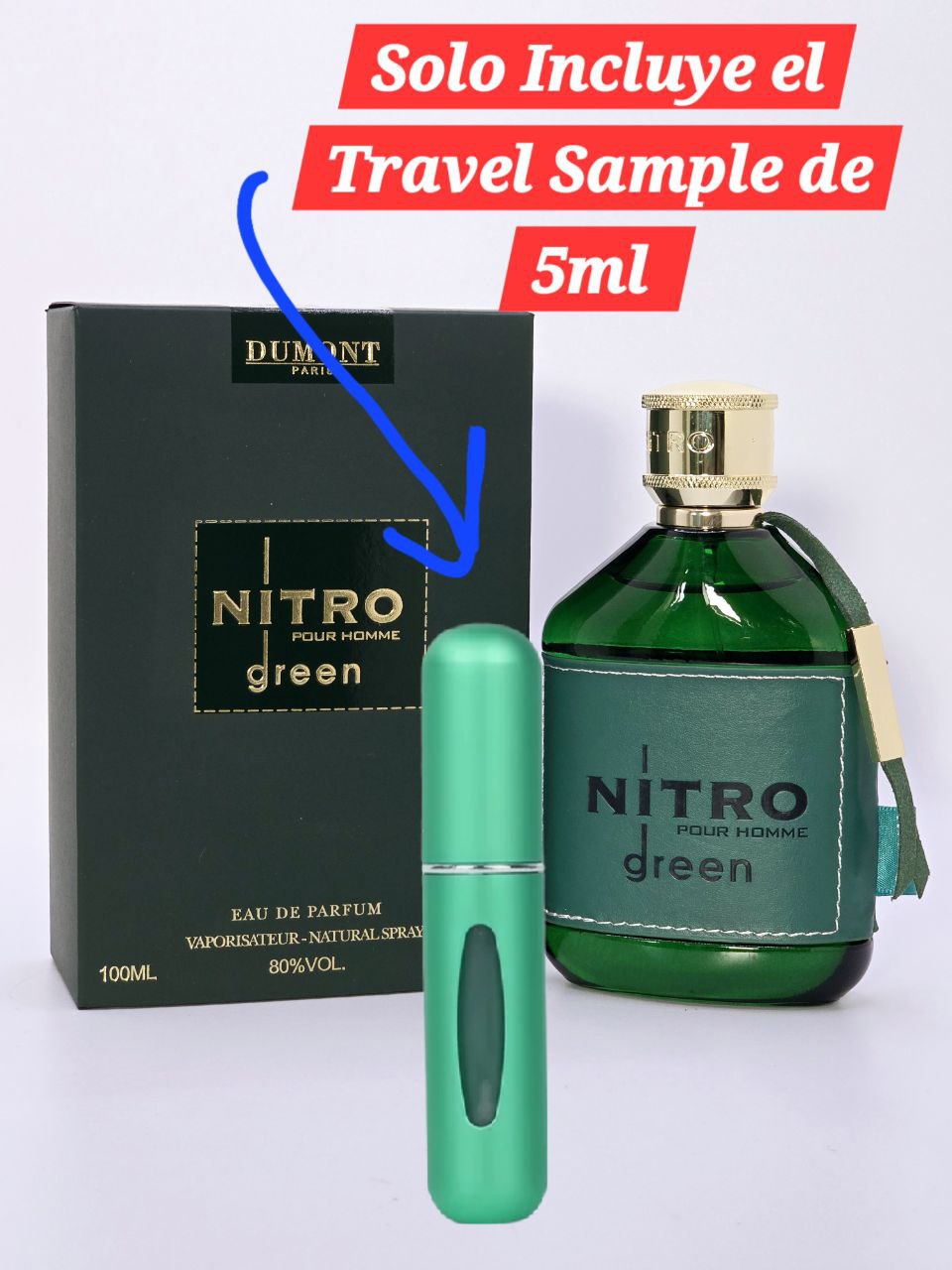 Travel Sample Tester 5ML Nitro Green Eau De Parfum By Dumont For Men Amber Woody Warm Spicy Powdery Vanilla Fresh Leather Lavender